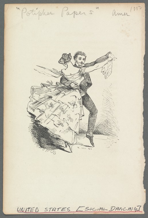 Pen-and-ink sketch of a man and woman in 19th-century dress performing a waltz, the woman's skirt billowed mid-turn.