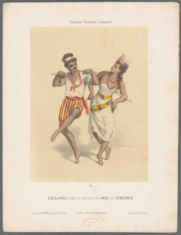 Two dancers in exotic costume perform a theatrical scene: one in a red-and-yellow striped skirt lunges forward; the other in white drapery leans back with