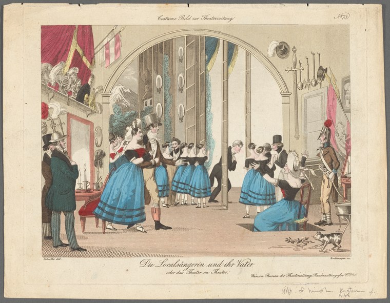 Hand-colored engraving showing five young women in pale blue gowns dancing in a neoclassical interior while musicians play and spectators watch from a gallery.