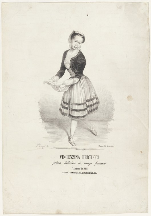 A woman in mid-19th-century ballet costume stands with one leg extended, wearing a dark corseted bodice and tiered skirt with horizontal bands.