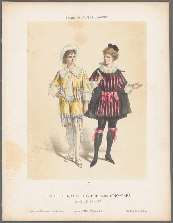 Two male figures in 17th-century costume stand against a plain background: one in a yellow tunic with white cap, the other in a burgundy striped doublet with a