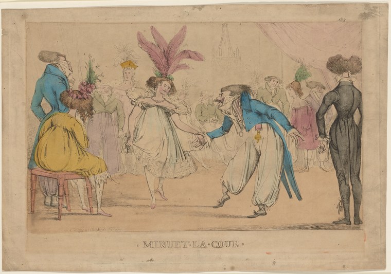 Engraving of a man bowing deeply to a woman in feathered headdress, observed by courtiers in an 18th-century court interior.
