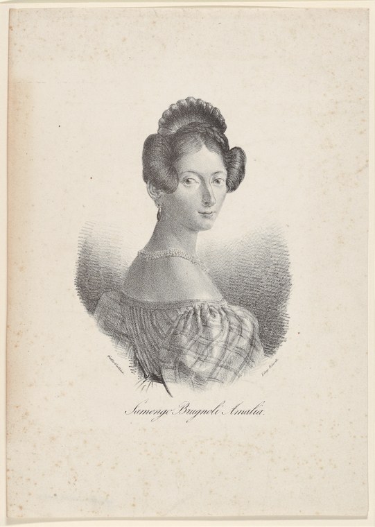 Engraved portrait of a young woman with elaborate 1830s hairstyle, low-necked plaid dress, and pearl necklace, in three-quarter view.