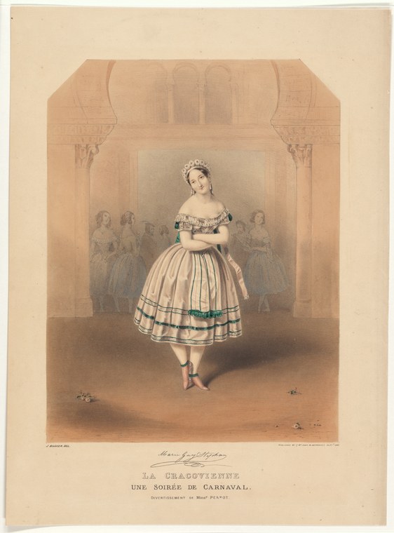 A woman in a pale dress with dark stripes stands alone on a theatrical stage, tiara in her hair, facing forward with an upright posture as an audience sits in