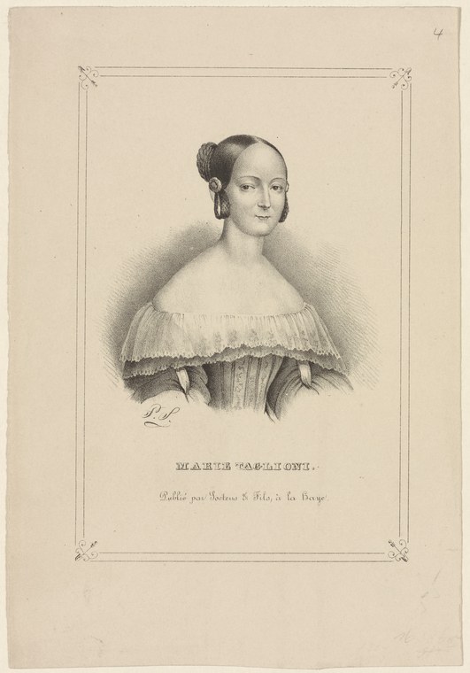 Engraved portrait of a young woman with dark hair and bare shoulders, draped in translucent fabric, labeled Marie Taglioni.
