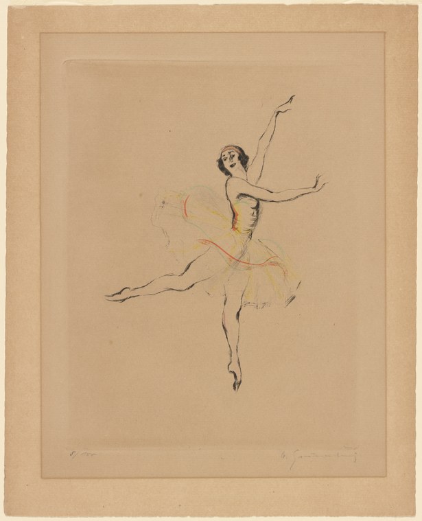 Sketch of a female ballet dancer in a pale yellow tutu, suspended in mid-leap with one leg extended and both arms raised, drawn in pen and watercolor.