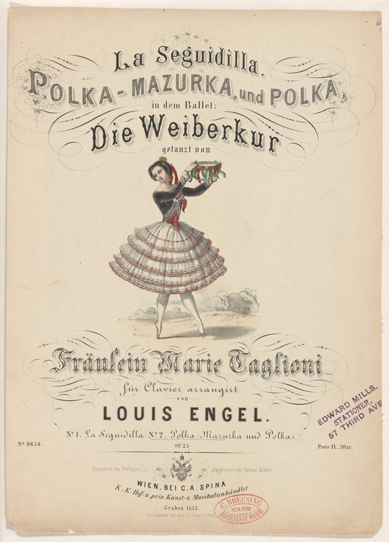 Colored lithograph of a female ballet dancer in a striped full skirt and dark bodice, posed with asymmetrical arms against a plain background.