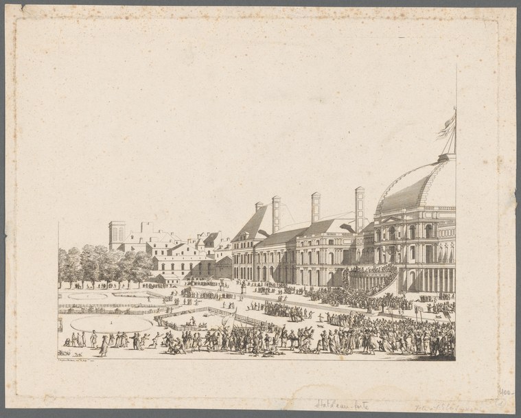 Engraving of a vast crowd gathered at the Tuileries Palace, with neoclassical architecture on the right and hundreds of figures filling the courtyard in