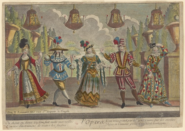 Five elaborately costumed figures stand on a theatrical stage beneath hanging lanterns, arranged in formal presentation poses.