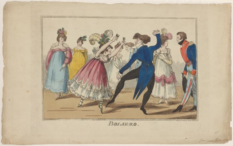 Regency-era colored engraving of a couple dancing bolero, watched by four spectators in a ballroom.