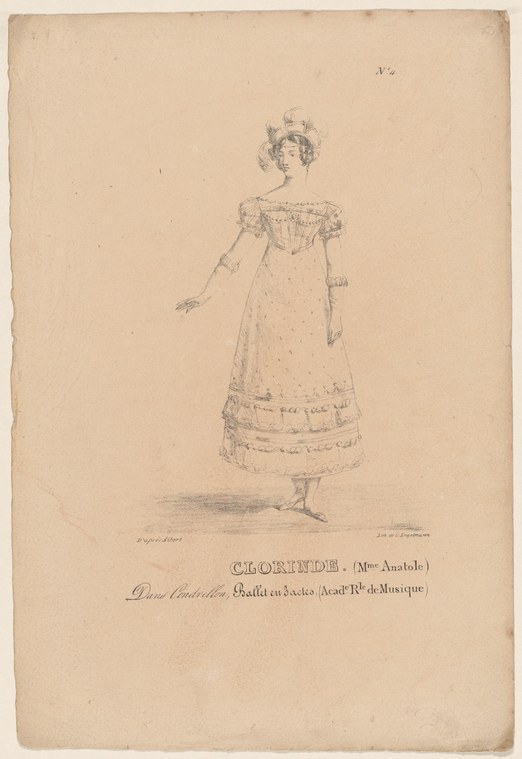 A woman in a high-waisted muslin gown with puffed sleeves stands in poised stillness, identified as the dancer Mme Anatole in the role of Clorinde from the