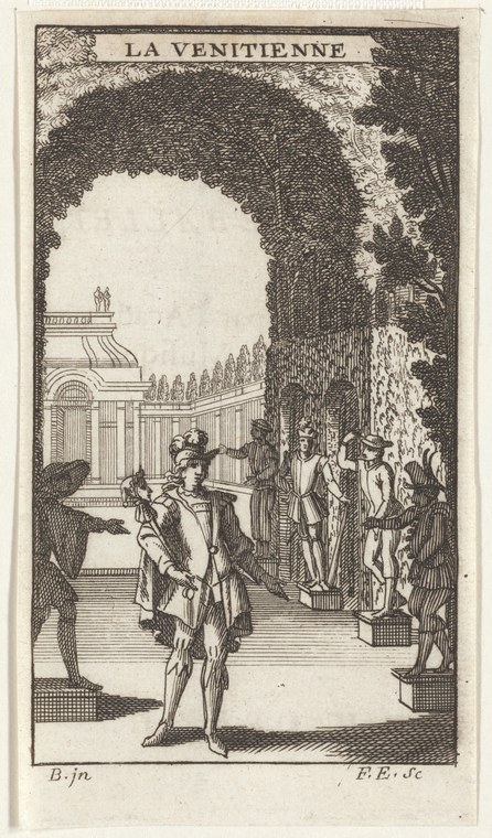 Engraved figure in Venetian carnival mask and costume posed before a massive stone arch framing a distant colonnade.