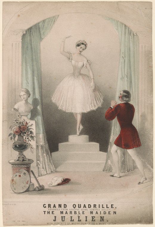 A ballerina in white tutu poised on a pedestal, framed by classical columns, watched by two other figures in a hand-colored lithograph.