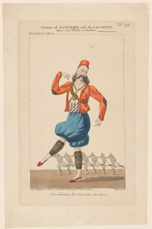 A tall man in red jacket, blue breeches, and fez hat strikes an exaggerated balletic pose; six smaller identically dressed figures repeat the pose behind him.