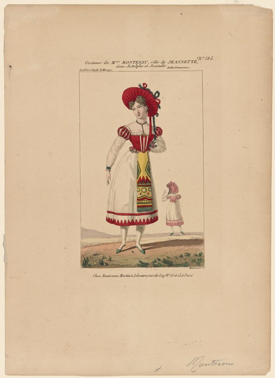 An 18th-century engraved costume design for a character named Jeannette wearing an elaborate red velvet headdress and white muslin gown with red jacket.