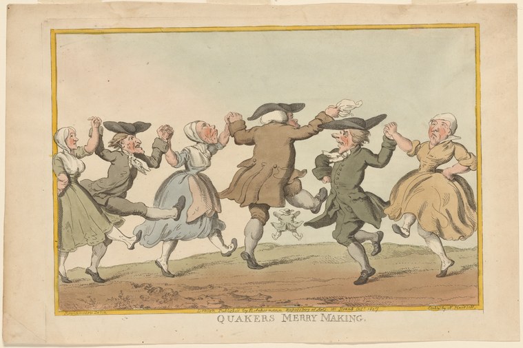 Seven figures in eighteenth-century dress dance wildly with high kicks and flailing arms across open ground, captioned 'Quakers merry making.'