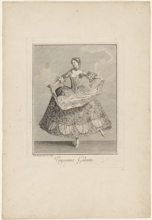 An 18th-century engraving of a female dancer in elaborate pastoral costume, posed on one leg with the other lifted, arms gracefully extended.