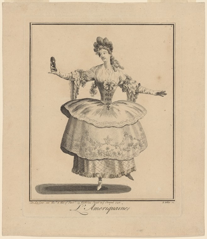 An 18th-century engraving of a female dancer in an ornate jeweled jacket and full skirt, posed with left arm raised and right arm extended, her body lifted and