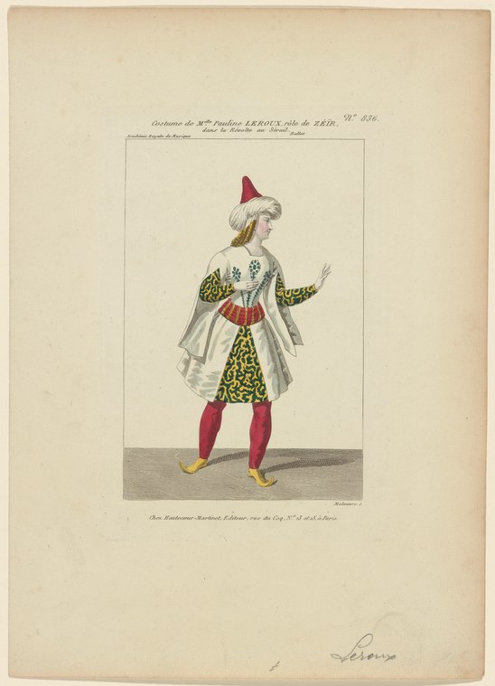 Hand-colored engraving of a female dancer in orientalist costume: white jacket with gold trim, red skirt and stockings, yellow slippers, red cap.