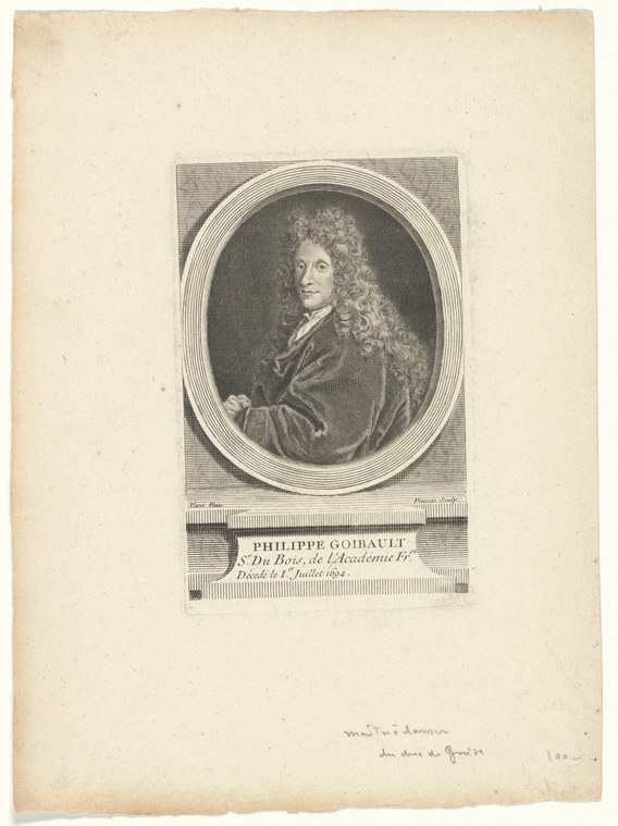 Engraved portrait of a man in late 17th-century dress with long curled hair, one hand raised, in an oval frame.