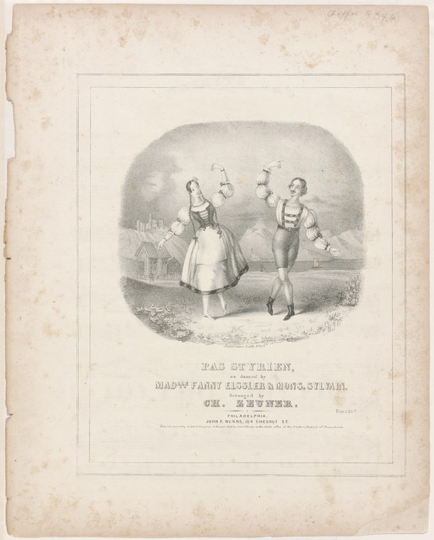 Engraving of a woman in a white dress and a man in fitted breeches and vest mid-dance, both in animated poses.
