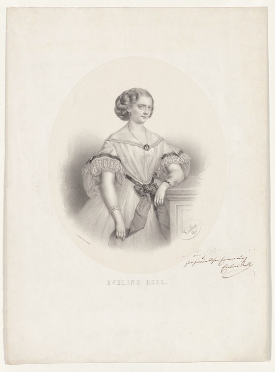 Portrait engraving of a woman in mid-19th-century evening dress standing in formal pose
