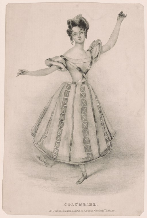 Woman in pale Romantic-era ballet dress with horizontal stripes, poised on one leg with arms raised and extended, head tilted back.