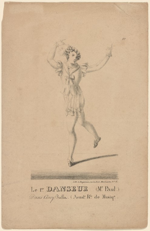 Male dancer in early 19th-century ballet costume with arms raised, suspended in a lifted pose, rendered in fine pencil.