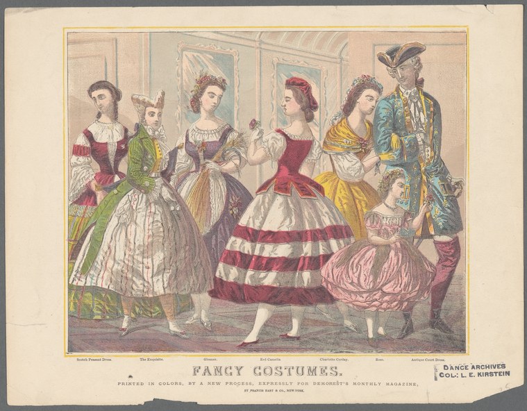 Six women and a man in mid-19th-century dress: full crinolined skirts trimmed in contrasting silk, jewel-toned colors, small bonnets and flowers, formal parlor