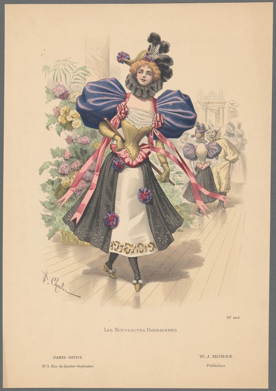 A fashionable 1890s woman in black and white dress with enormous puffed sleeves and feathered hat, posed statically in a ballroom setting.