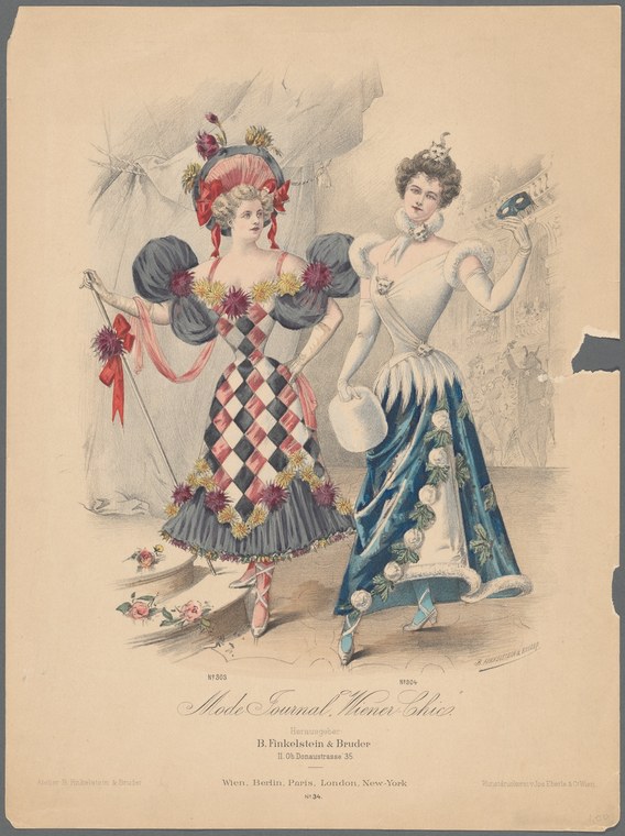 Two fashionable women in 1890s dress: one in black with puffed sleeves and red feathered hat, the other in blue cape and lighter gown.