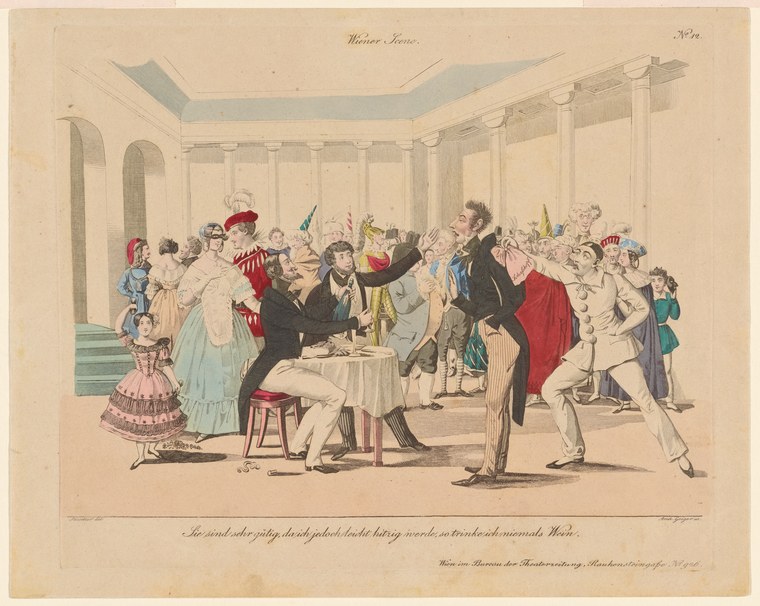 A gentleman seated at a table refuses a wine glass with raised hand at a formal Regency ballroom while dancers move in the background.