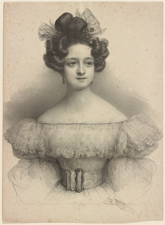 A formal portrait drawing of a young woman in 1830s fashion, with elaborate off-shoulder dress and an ornate fabric bow in her dark hair.