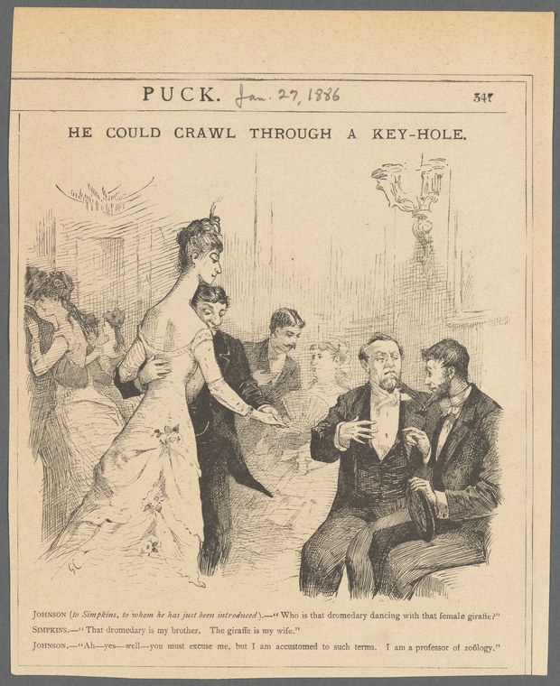 Victorian engraving: a woman contorts her body through a keyhole while three men in evening dress observe from a parlor.