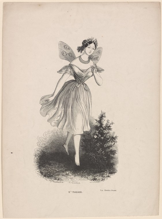 Woman in draped tunic with wings and wreath, posed weightlessly in mid-leap above rocky ground, in classical ballet attitude