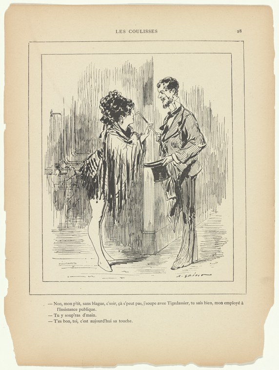 Pen-and-ink drawing of a man and woman in conversation in an interior setting, from a 19th-century French periodical.