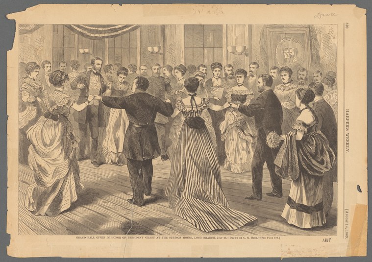 Formal ballroom reception with dozens of well-dressed guests in 1870s attire; a couple in the center foreground appears to be dancing or pausing mid-waltz.