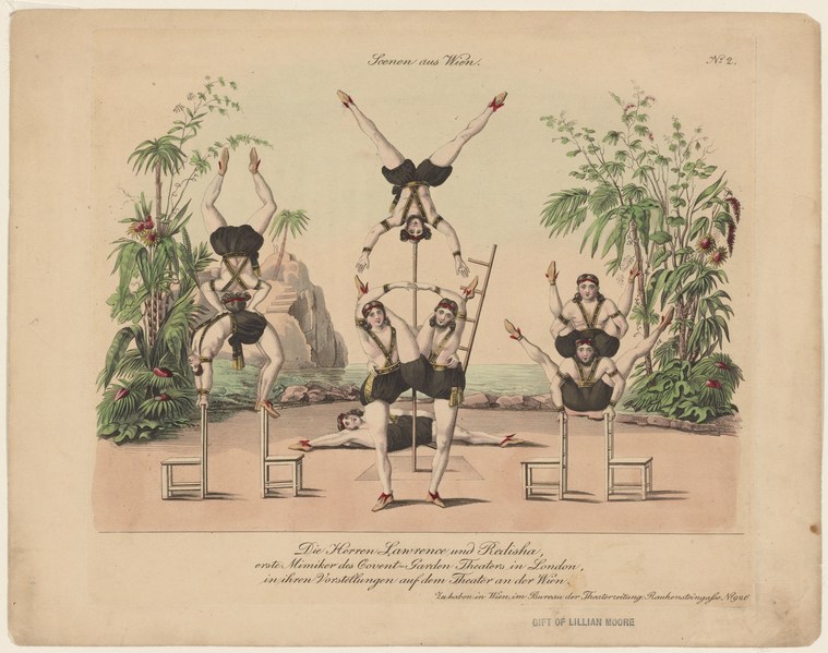 Two men in 18th-century dress perform acrobatics: one stands supporting another in an inverted horizontal position across his shoulders.