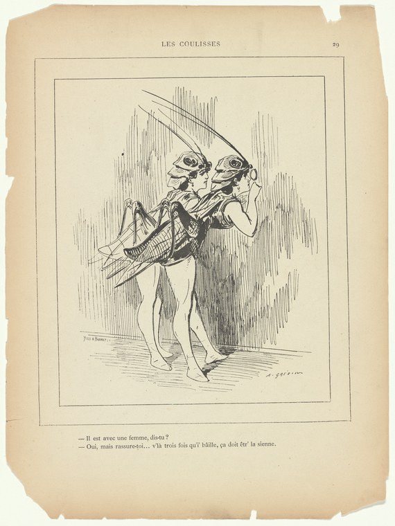 Line engraving: two figures with human bodies and insectoid heads in close ballroom dance embrace.