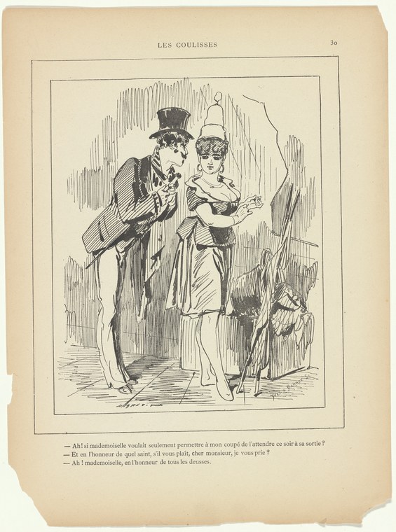 A man in a top hat bends toward a woman in a white dress with feathered headdress, while a small child watches in a 19th-century ballroom scene.