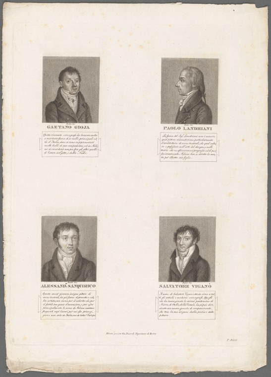 Four engraved portrait heads of 19th-century male dancers in formal dress, labeled with their names in Italian script.