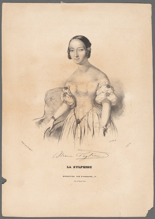 Marie Taglioni in pale off-shoulder gown with puffed sleeves, posed frontally in studio portrait as the Sylphide character.