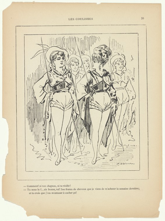 Four women in theatrical costume stand stiffly in a line against a curtain, arranged as satirical figures of commercial stage entertainers.