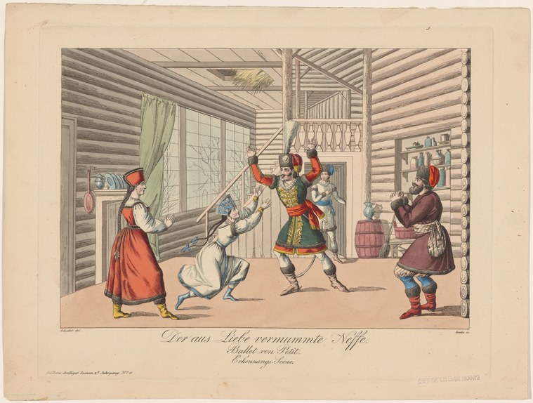 Hand-colored engraving of a man in red coat and hat gesturing dramatically to a kneeling woman in a log-cabin interior, with three other figures watching.