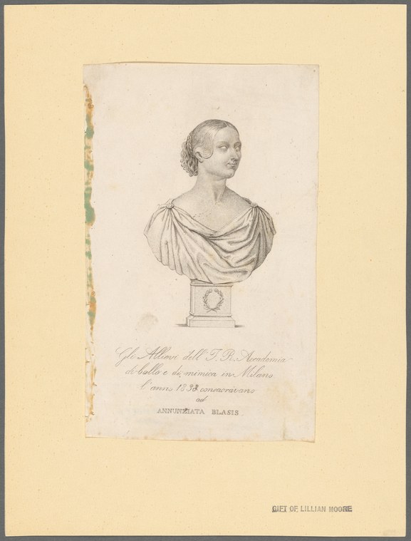 Neoclassical bust engraving of a young woman in draped classical dress, profile turned left, on a plain plinth with inscription.