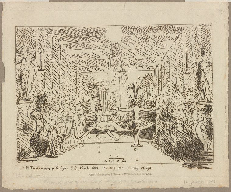 Engraving: woman in classical pose with raised leg and arms in ornate hall before seated spectators in period dress.