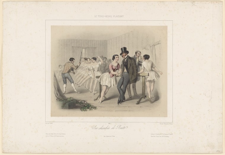 Hand-colored engraving of a crowded bedroom scene with a young couple dancing closely while others watch and a musician plays.