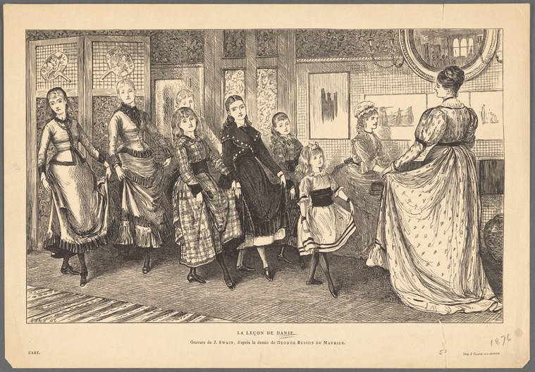 An adult woman in a white gown observes eight young girls in dark dresses during a dance lesson in a nineteenth-century interior.