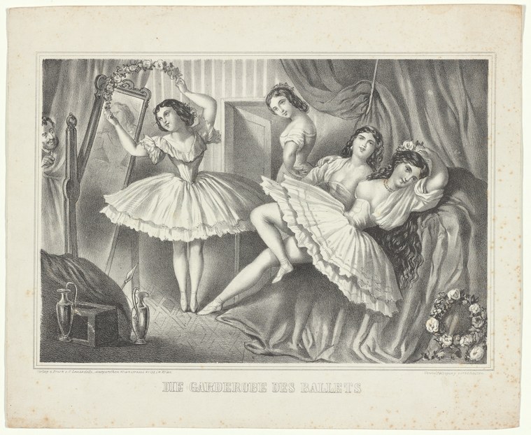 Five female ballet dancers in a dressing room; a standing dancer adjusts her pointe shoes while others recline on fabric, attended by younger attendants.
