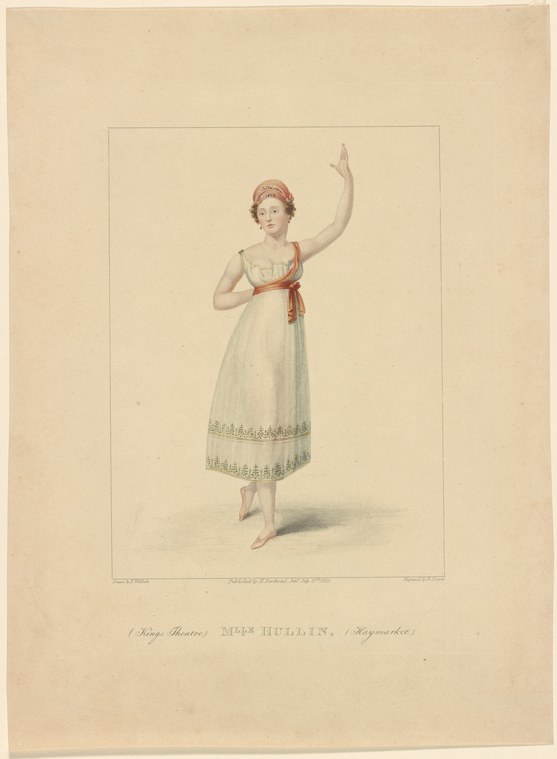 Woman in white Regency gown with coral sash, standing en relevé with one arm raised, wearing a coral headdress.